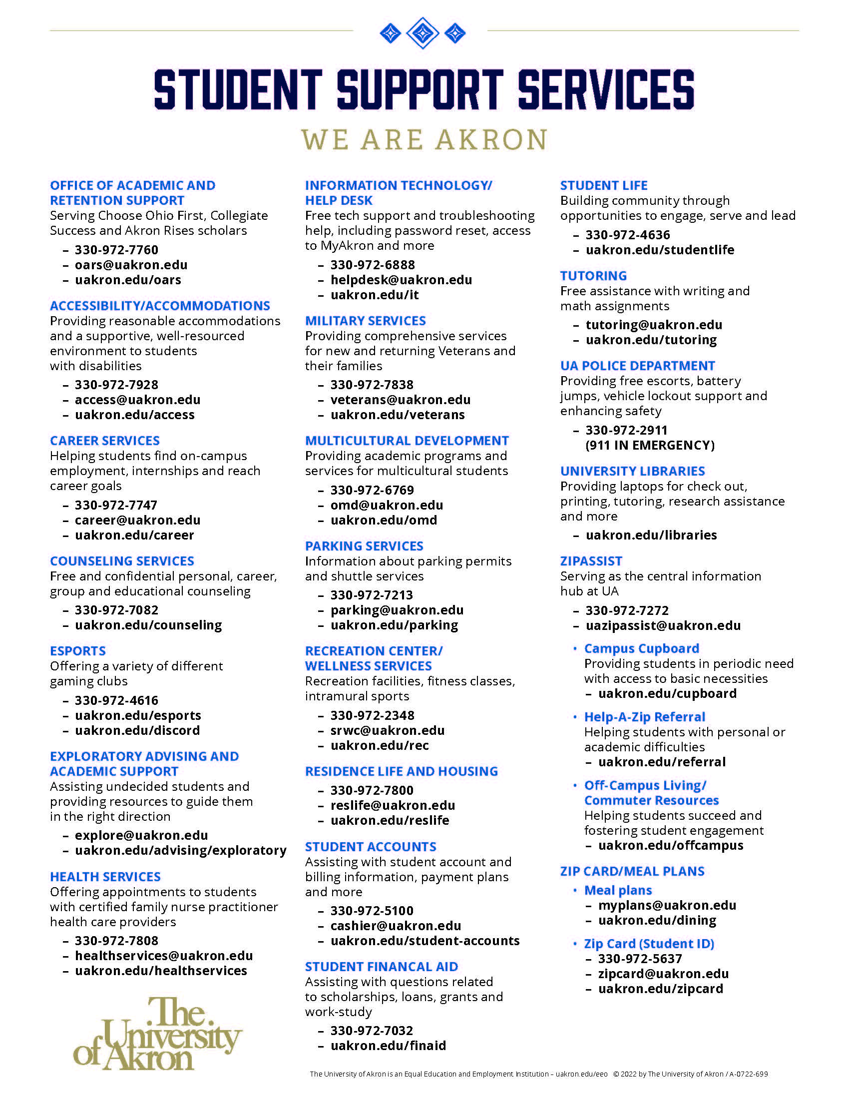 Student support services directory at the University of Akron