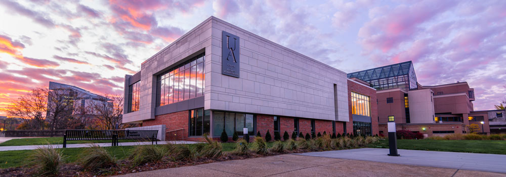 The College of Business building on the University of Akron Campus at sunrise