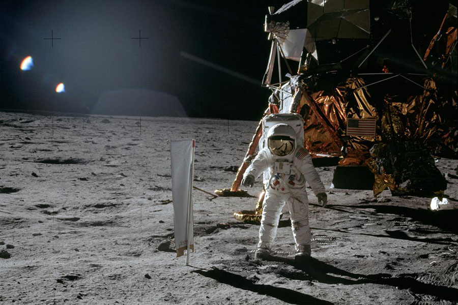 Astronaut Edwin E. Aldrin, Jr., Lunar Module pilot, is photographed during the Apollo 11 extravehicular activity (EVA) on the lunar surface.
