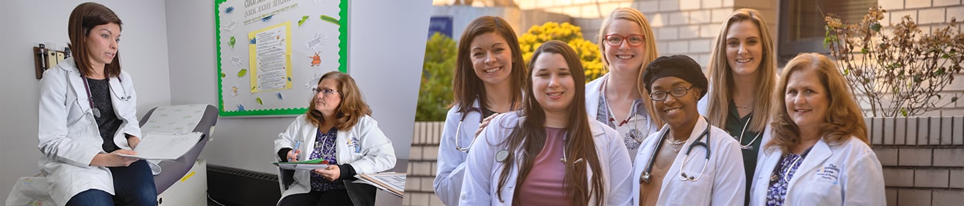 A portrait of nursing students on the right and two nursing students discussing paperwork on the left