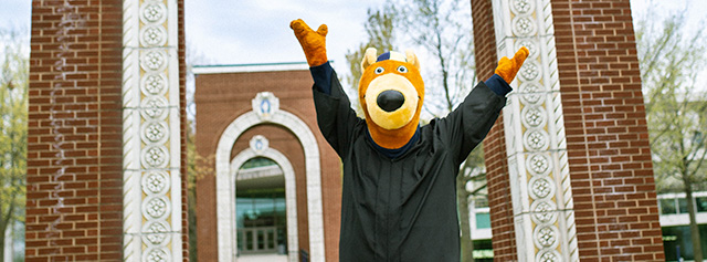 Zippy wearing a graduation gown with her arms raised in celebration