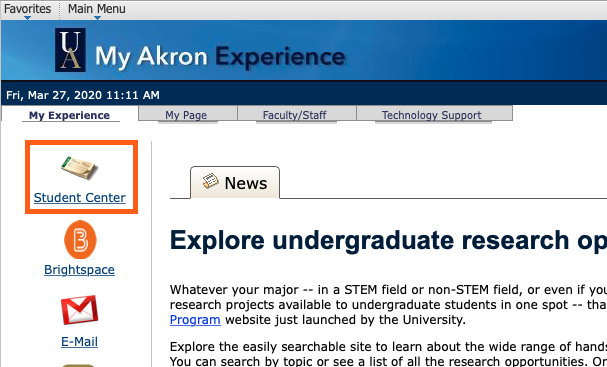 Screenshot of My Experience tab with Student Center highlighted.