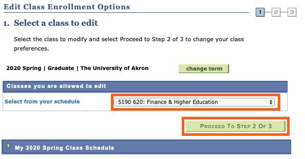 Screenshot of class chosen with dropdown and Proceed to Step 2 of 3 button highlighted.