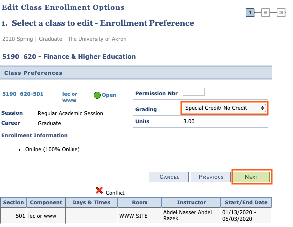 Screenshot of enrollment options with Special Credit/ No Credit option chosen and Next button highlighted.