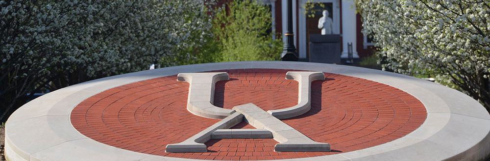 The letters UA in brick at the center of The University of Akron campus